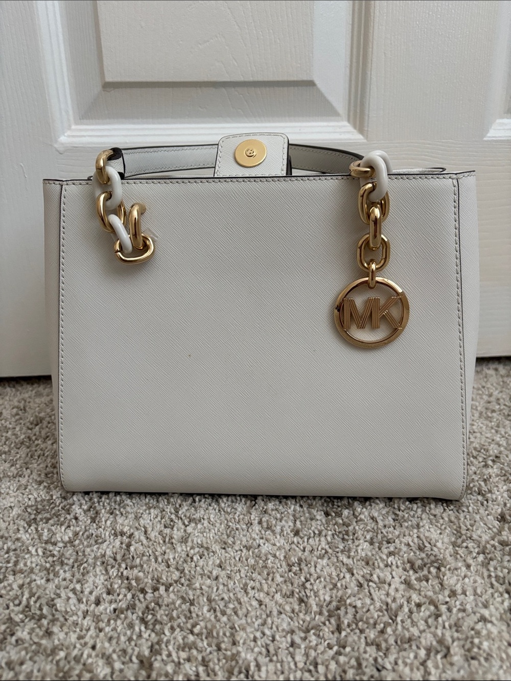 Small Michael Kors Cream Saffiano Satchel with Gold Accents